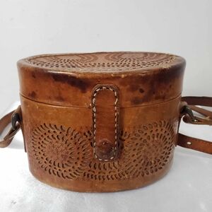 Vintage Western Genuine Tooled Leather Brown Woven Women's Crossbody Purse Bag